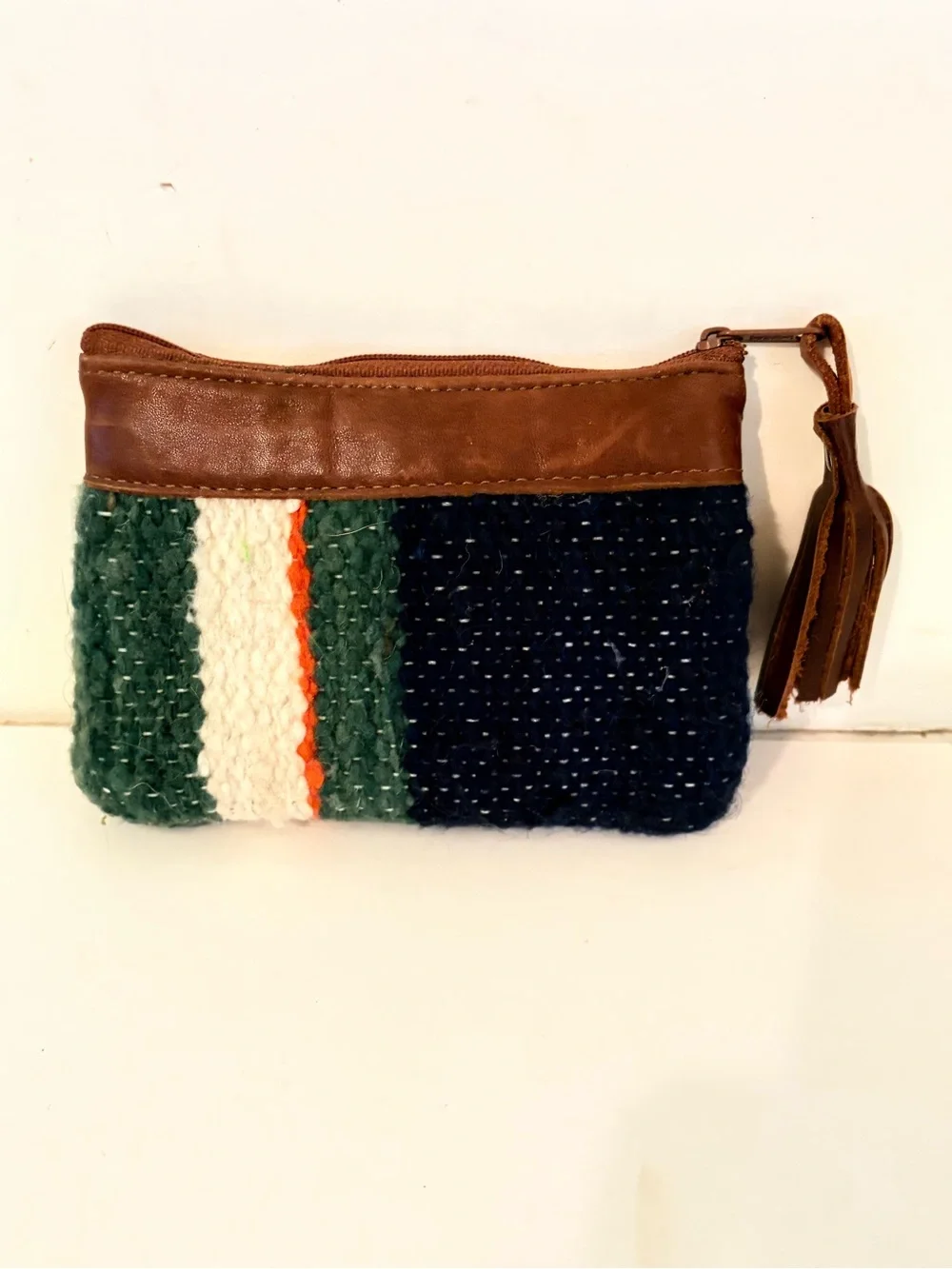 Striped Woven Wool with Leather Trim & Tassel Makeup Pouch Coin Purse Wallet